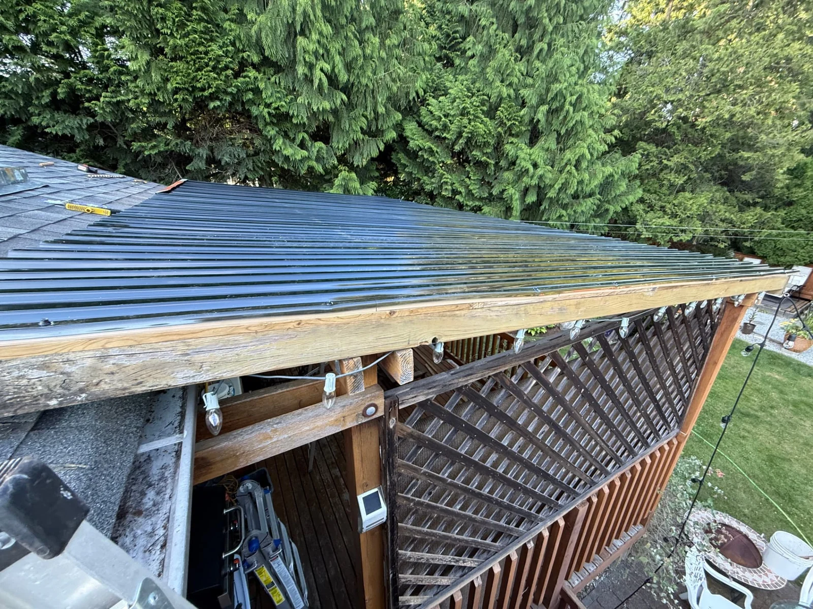 During — repaired deck cover with securely fastened roof panels.