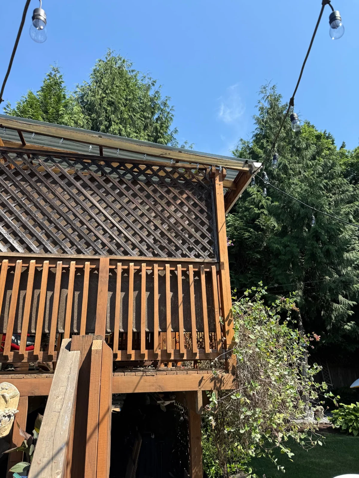 Before — worn roof panels and framing viewed from the deck.